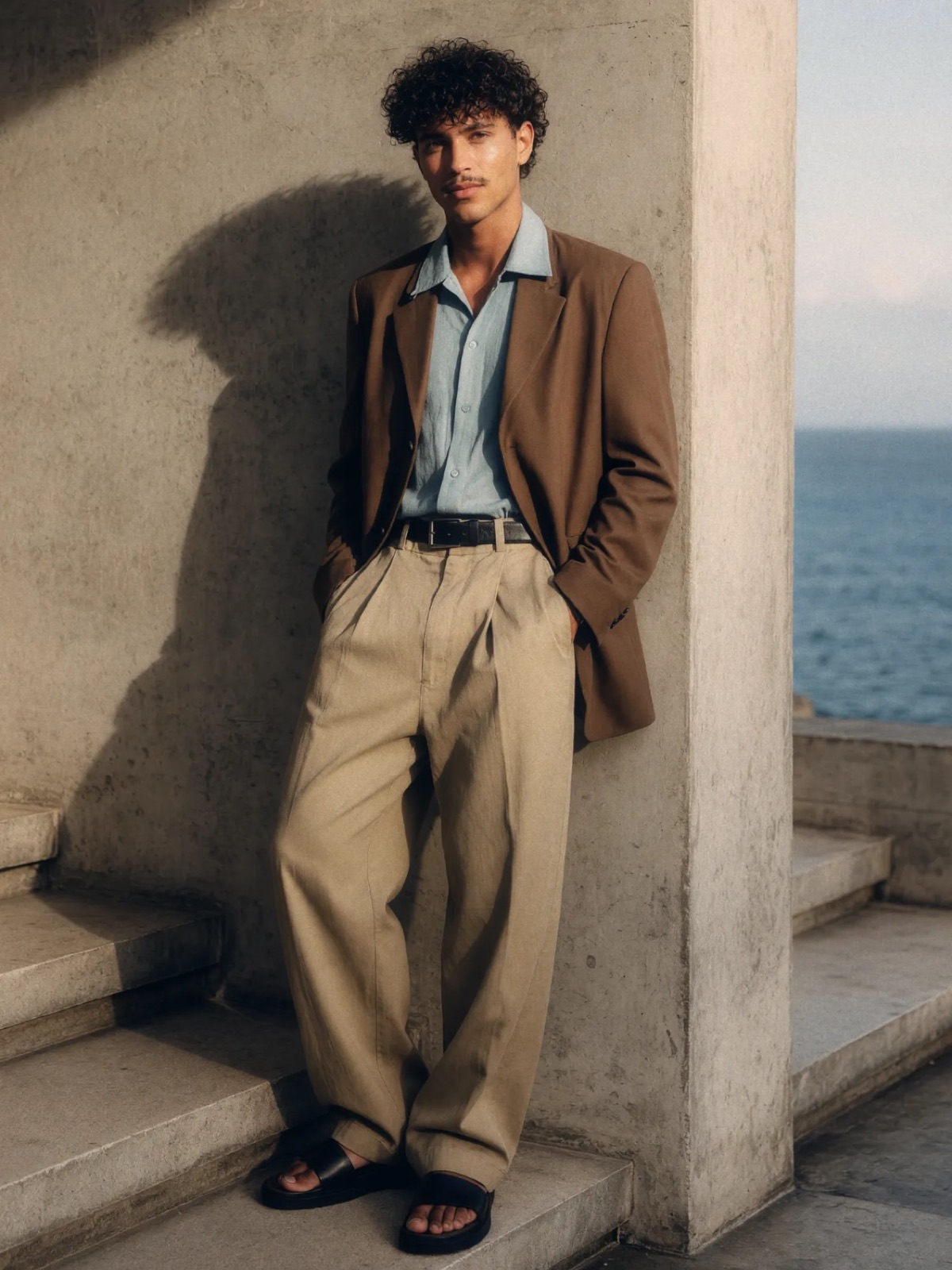 Menswear editorial — tailored linen by the sea